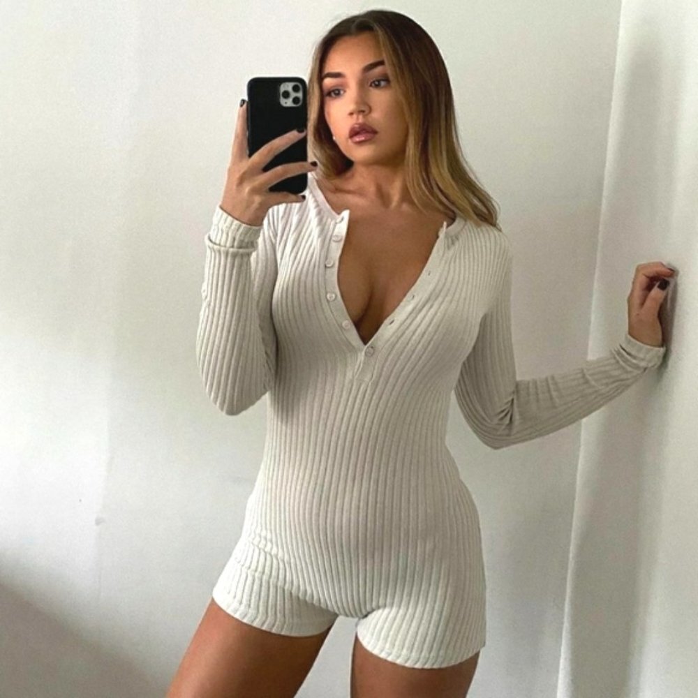 Zara Ribbed Knit Long Sleeve Jumpsuit Romper Cream Blogger Fav Sz Small